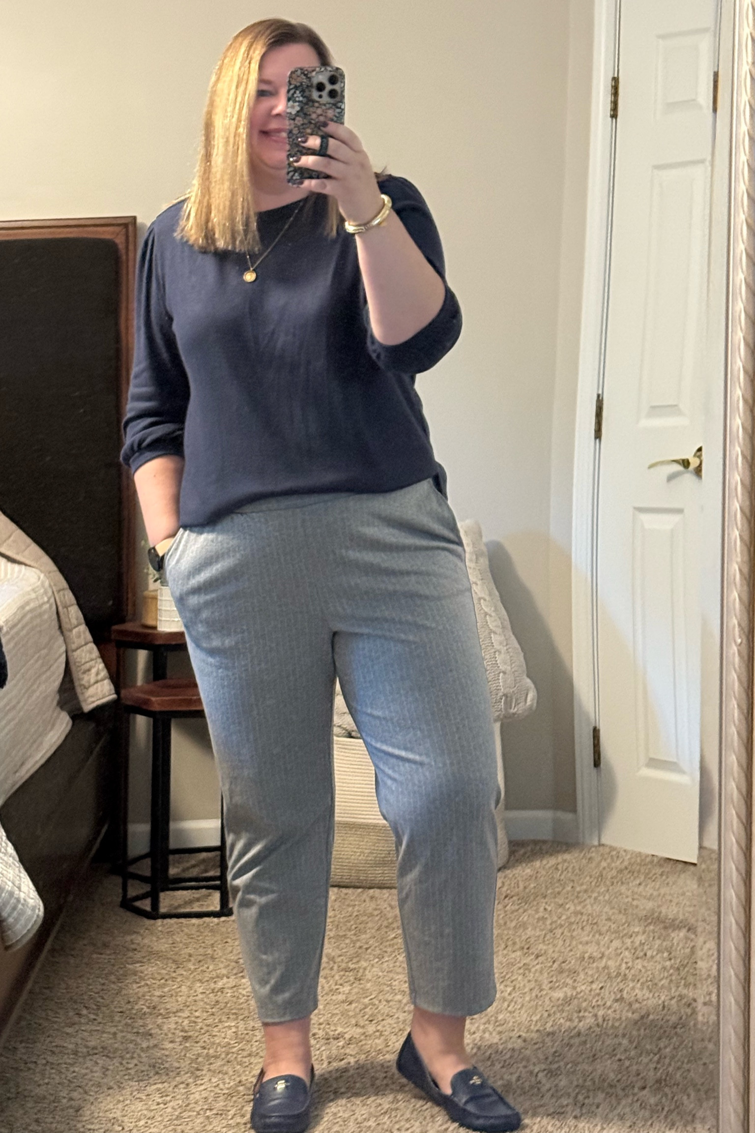 3/4 sleeve sweater XXL. Super soft. Not itchy. 
Pants xxl. my workwear go to pair for comfort. 
Loafers size 11 tts  

#LTKFindsUnder100 #LTKSaleAlert #LTKWorkwear