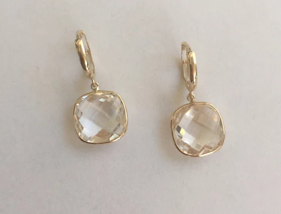 14k Solid Yellow Gold Genuine Clear Topaz Drop Earrings - Etsy | Etsy (US)