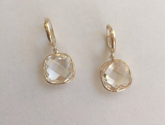 14k Solid Yellow Gold Genuine Clear Topaz Drop Earrings - Etsy | Etsy (US)