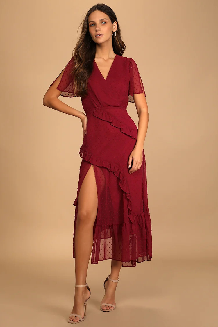 Next to You Burgundy Swiss Dot Ruffled Midi Dress | Lulus (US)