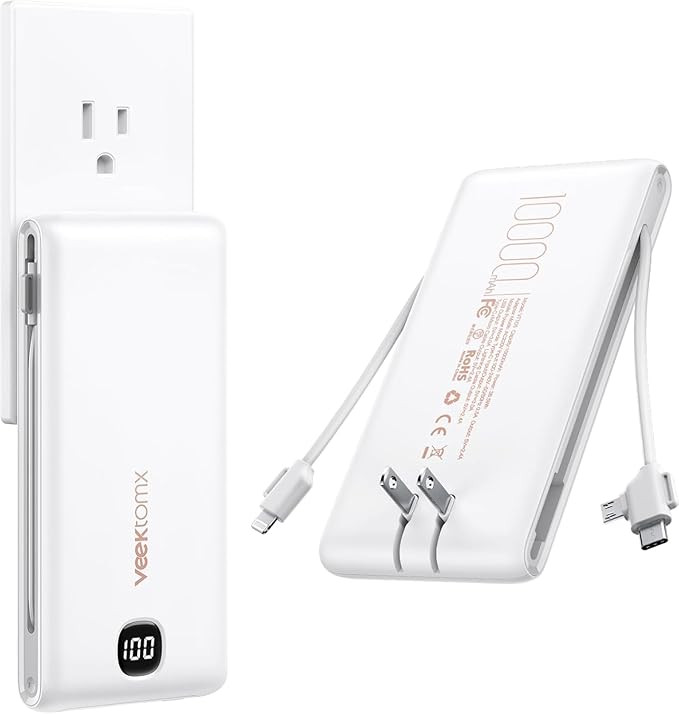 VEEKTOMX Portable Charger with Built in Cables 10000mAh, Power Bank for iPhone with Wall Plug, Tr... | Amazon (US)