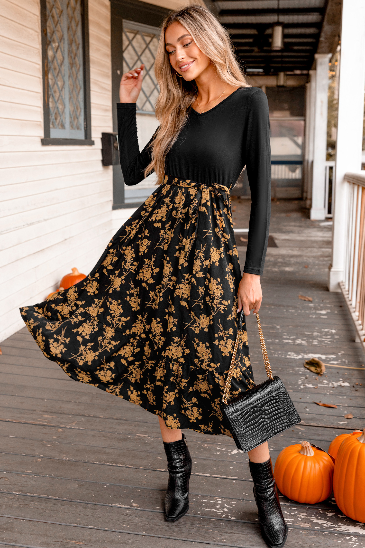 Belted Floral Print Long Sleeve Maxi DressNew | Cupshe US