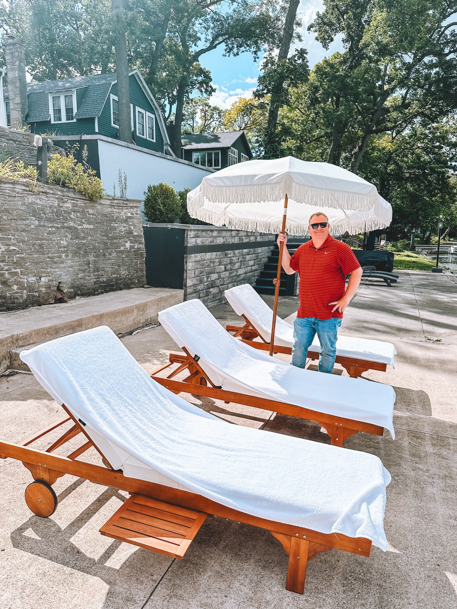 Amazon patio set up! These loungers are so nice and easy to move around because of the back wheels! Love the cushion towel covers! Makes you feel like you’re at a high end hotel! 🥰☀️also linked the covers to keep your cushions nice 