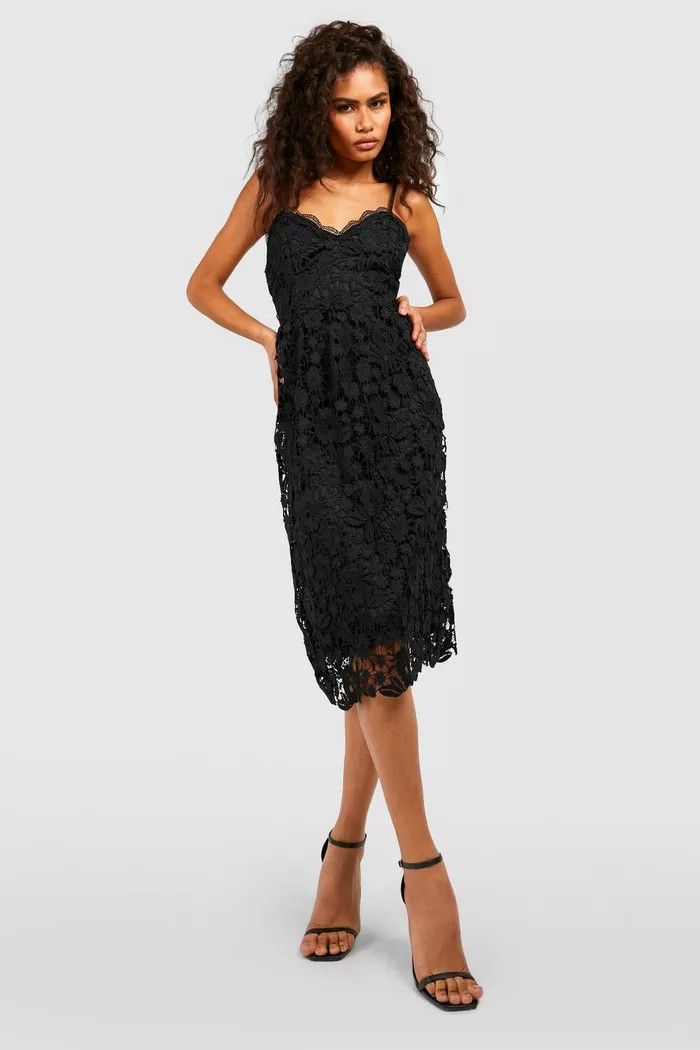 Strappy Crochet Lace Skater Midi Dress Affordable Wedding Guest Dress Under $50 #LTKunder50 #LTKFind | Boohoo.com (US & CA)