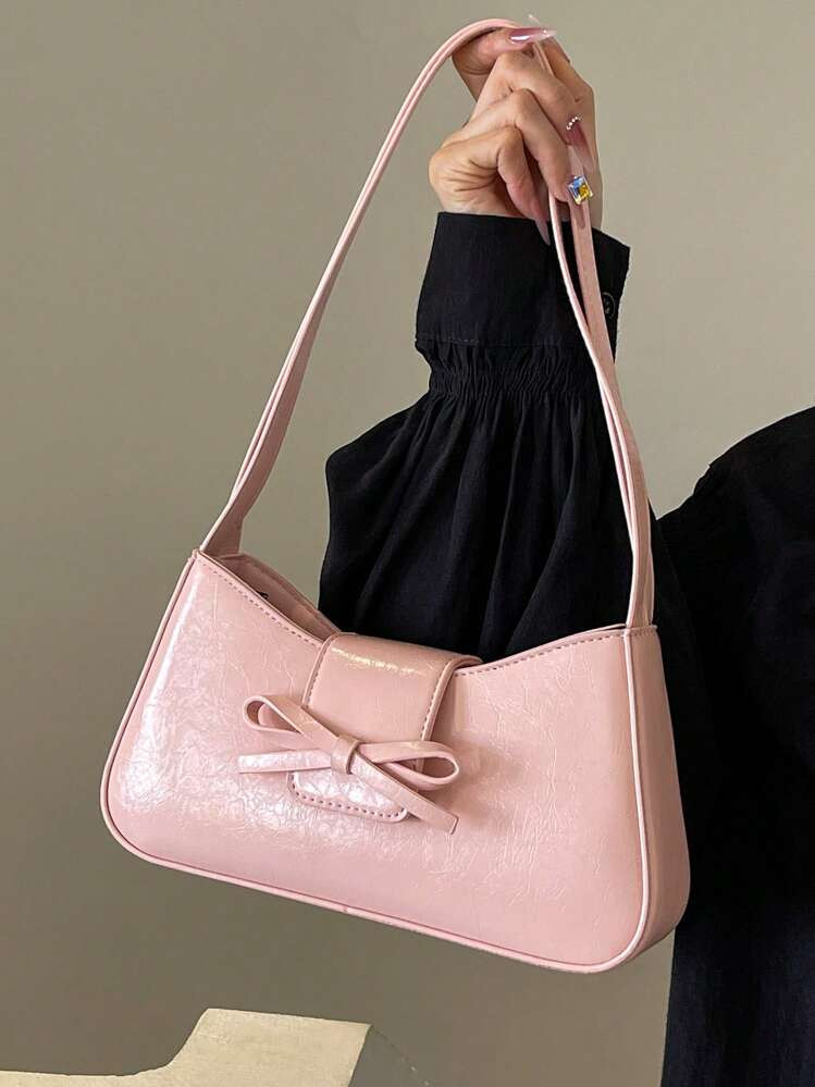 Solid Color PU Women's Fashionable Shoulder Bag With Bowknot Decoration And Flap Cover, Tready Crescent Moon Bag For Women | SHEIN