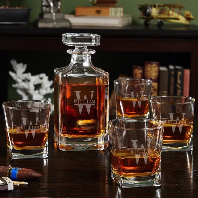 Etched Whiskey Decanter Set with Square Rocks Glasses | HomeWetBar.com
