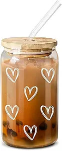 NewEleven Cute Glass Coffee Cups With Lids And Straw – Aesthetic Cups – Iced Coffee Cup, Coff... | Amazon (US)