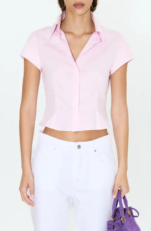 MANGO Featuring Hailey Bieber Gigi Short Sleeve Button-Up Shirt in Light Pink at Nordstrom, Size 4 | Nordstrom