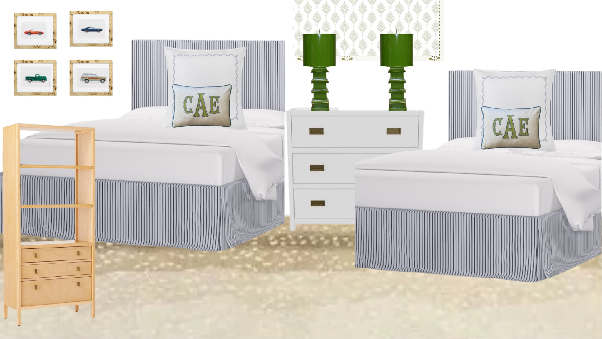 I’ve been so inspired lately and drew up this future room for my boys. As most of you know, we are working with a designer in the main area of our home. She has really helped me better define my style and get our house back on track. This shared boys room has ticking stripe twin beds, my favorite antelope wool rug (so durable!) plus some fancy designer lamps I scored at an estate sale as well as this antique campaign dresser I’ve had for years. 
#LTKFamily

#LTKHome #LTKKids