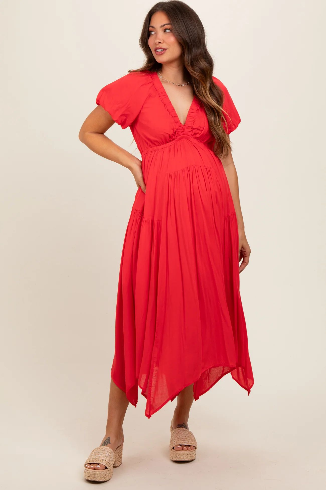 Red Deep V-Neck Puff Short Sleeve Asymmetrical Hem Maternity Midi Dress | PinkBlush Maternity