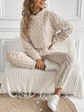SHEIN LUNE Drop Shoulder Teddy Hoodie & Pants | SHEIN