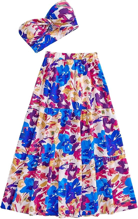 SOLY HUX Women's Boho 2 Piece Outfits Floral Print Colorful Tube Top and Ruffle Hem Maxi Skirt Se... | Amazon (US)