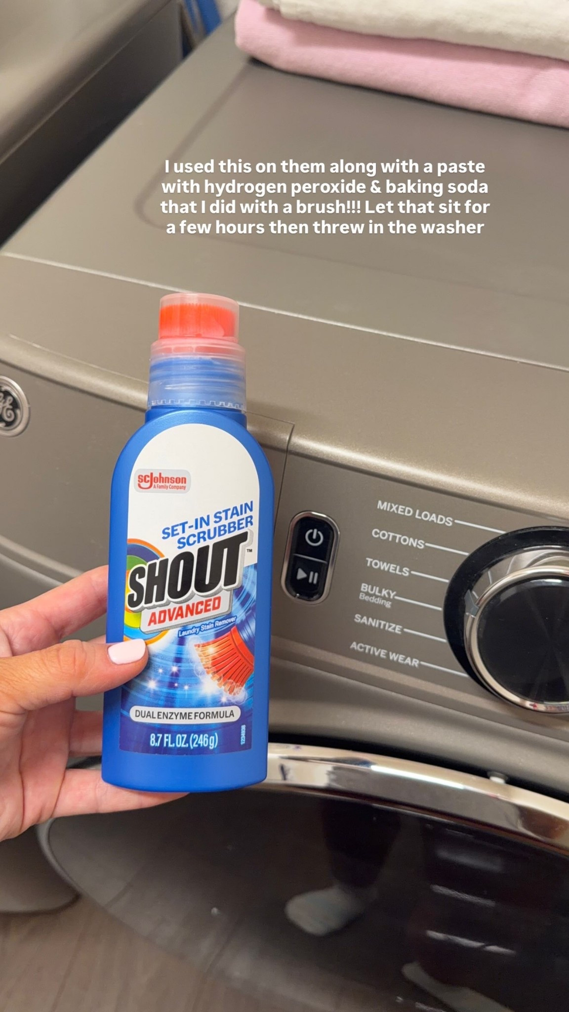I used this on my white sneakers along with a paste with hydrogen peroxide & baking soda that I did with a brush!!! Let that sit for a few hours then threw in the washer!