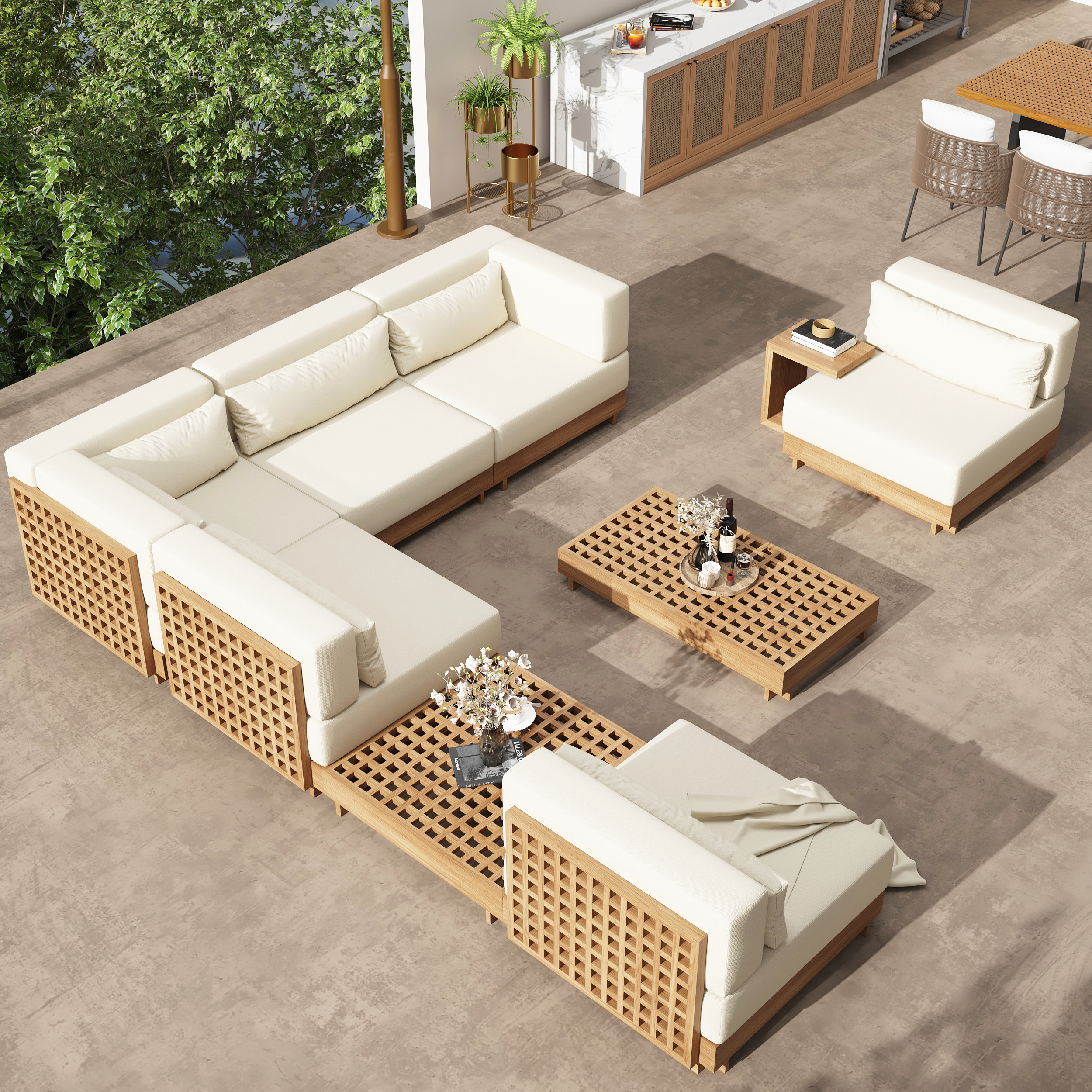 9-Pieces Versatile Whole Teak Luxury Modular L-Shaped Outdoor Patio Sectional Sofa Set in Beige with Coffee Table and Cushions | Homary