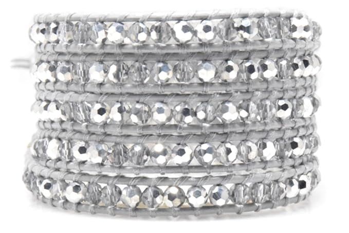 Silver Crystals Wrap Bracelet Genuine Grey Leather Handmade 5 Multilayer 4mm Beads Woven Bangle | Amazon (US)