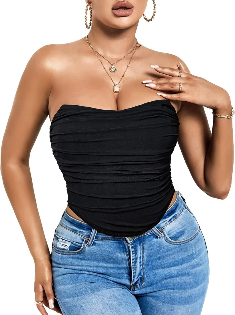 LODAY Women Strapless Corset Top Open Back Boned Mesh Bustier Zip Back Bodyshaper Crop Tops Y2k | Amazon (US)