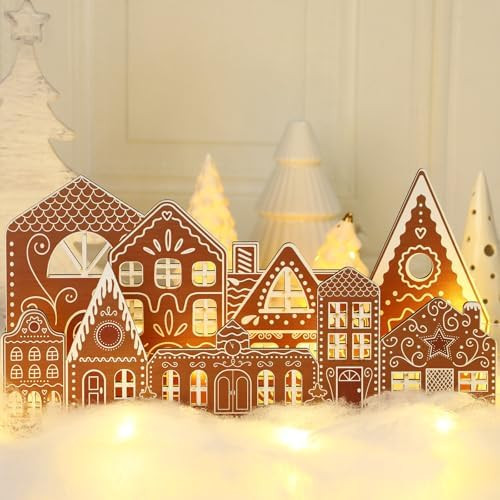 Christmas Gingerbread House Tabletop Decorations with Light Wooden Christmas Village Centerpieces... | Amazon (US)