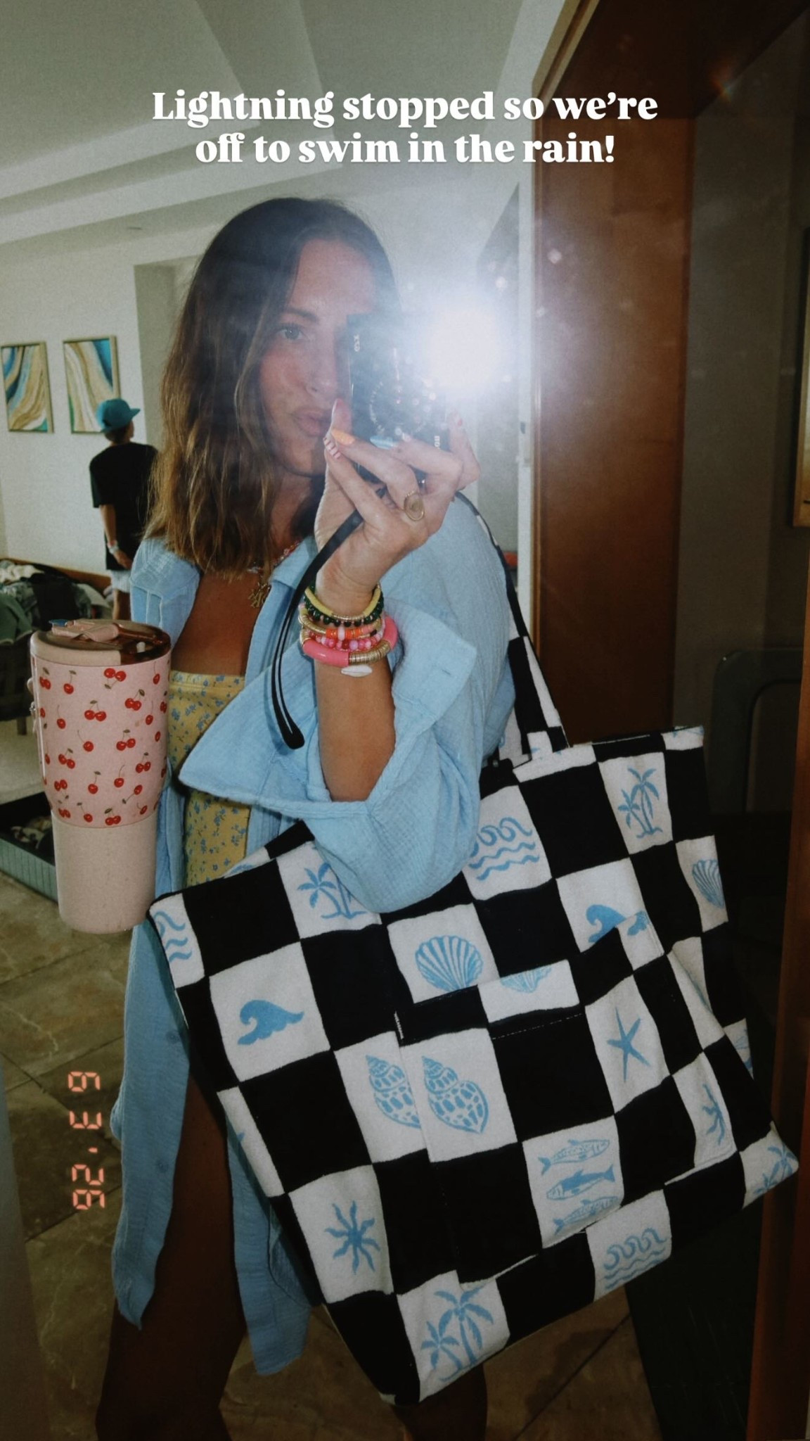 Lightning stopped so we’re off to swim in the rain! This bag launches on Staykation later this month!!!