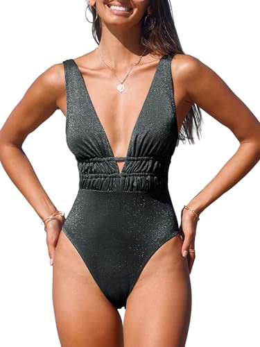 CUPSHE Women's One Piece Swimsuit Bathing Suit Plunging Neck Front Cutout Cheeky Drawstring Ruched Shinning, XL Charcoal Gray | Amazon (US)