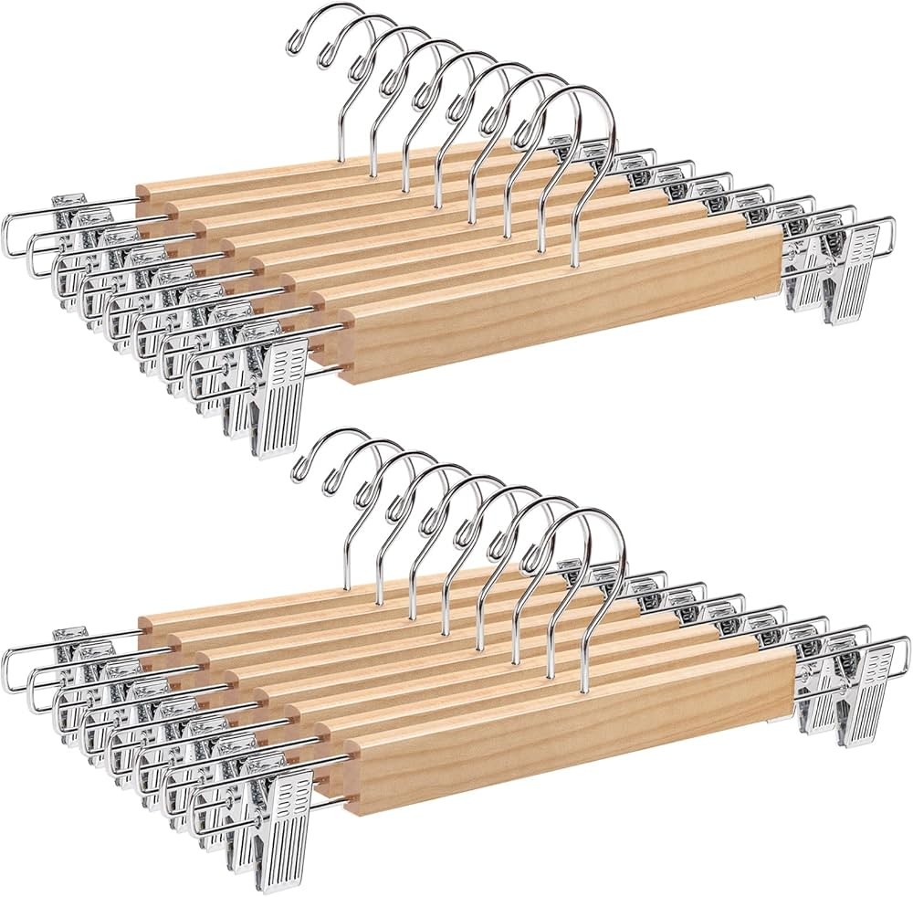 Amber Home 24 Pack 14.17" Solid Natural Wooden Pant Skirt Hangers, Bottom Hangers for Slacks Trou... | Amazon (US)