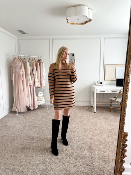 Fall workwear look from Loft. I love this striped sweater dress and knee high boots. 

#LTKworkwear #LTKSeasonal #LTKFind