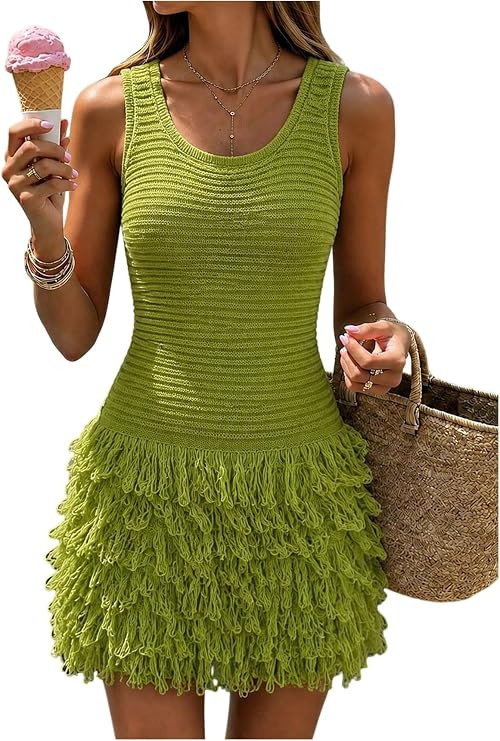 Milumia Women's Crochet Fringe Mini Dress Scoop Neck Sleeveless Vacation Bodycon Knit Sweater Dre... | Amazon (US)