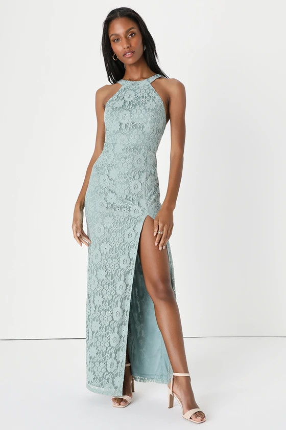 Lovely Flirt Sage Lace Backless Halter Neck Maxi Dress | Lulus (US)