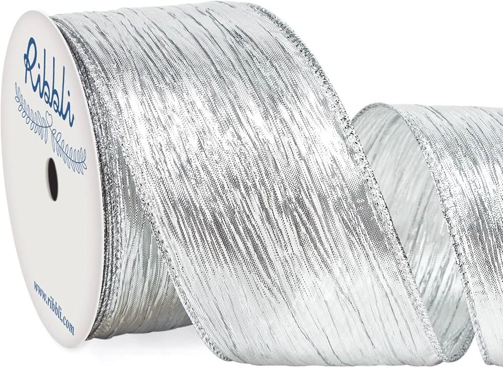 Ribbli Christmas Tree Ribbon-Silver Crinkled Wired Ribbon with Metallic Silver Edge, Christmas Ri... | Amazon (US)