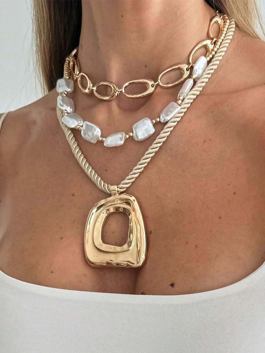 3pcs/Set Hollow Square Pendant Necklace, Asymmetrical CCB Pearl Clavicle Chain, Vintage Style Nec... | SHEIN