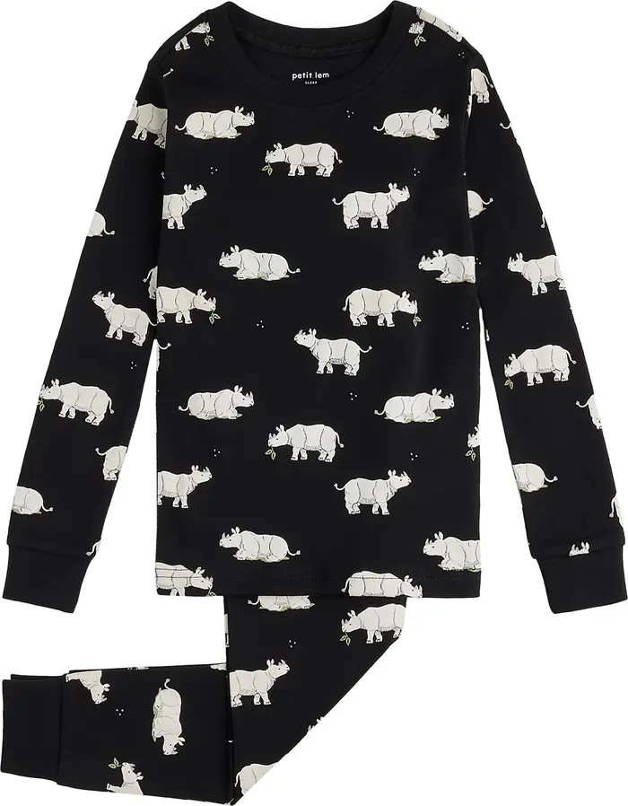 Petit Lem Kids' Rhino Print Glow in the Dark Organic Cotton Fitted Two-Piece Pajamas | Nordstrom | Nordstrom