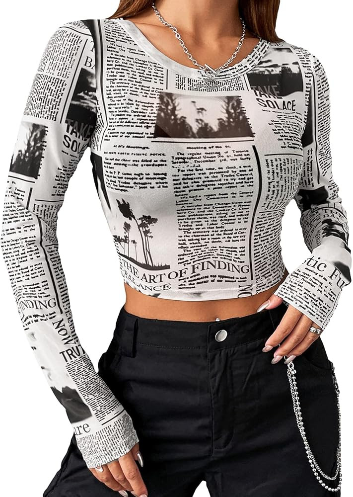 WDIRARA Women's Newspaper Print Crop Top Letter Graphic Long Sleeve Round Neck Slim Fit Knitted S... | Amazon (US)