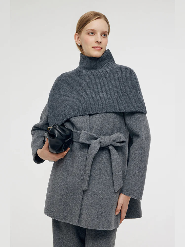 Alpaca Wool Double-Faced Women Wrap Coat With Knit Shawl | GOELIA