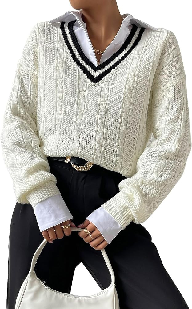 Verdusa Women's V Neck Striped Drop Shoulder Long Sleeve Sweater Knit Tops Pullover | Amazon (US)