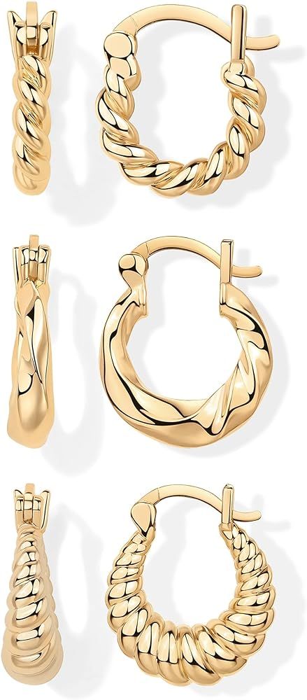 PAVOI 14K Gold Plated Sterling Silver Posts 3 Pairs Rope Twisted Hoop Earrings Set | Three Chunky... | Amazon (US)