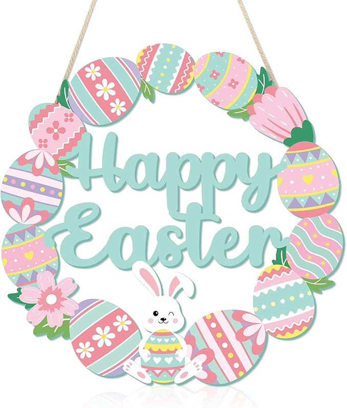 COCHIE Happy Easter Decorations Sign, Bunny Eggs Wood Wreath for Front Door Porch Window Wall Han... | Amazon (US)