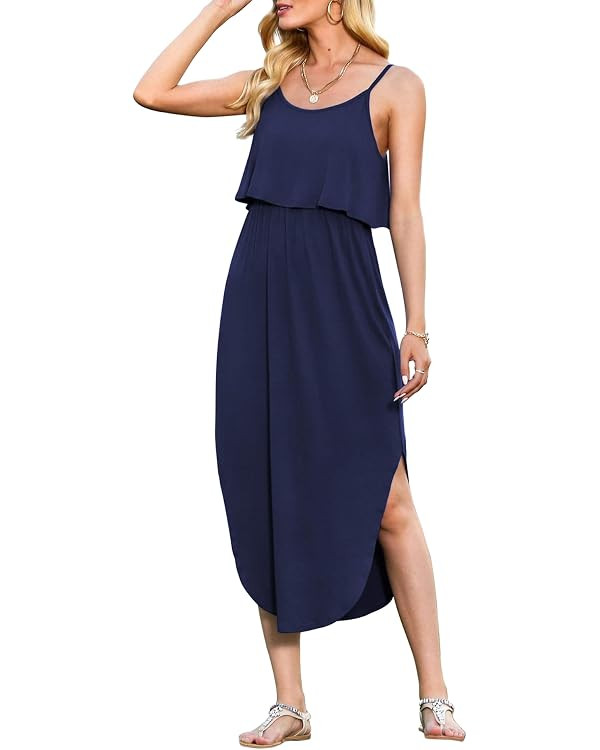 LILBETTER Women's Adjustable Strappy Split Summer Beach Casual Midi Dress | Amazon (US)
