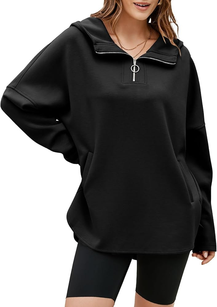 EVALESS Women's Oversized Hoodies Casual Long Sleeve Half Zipper Pocket Sweatshirt Pullover Tops | Amazon (US)
