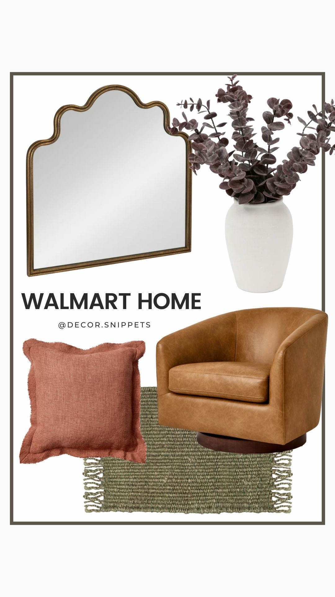 Cozy, stylish, and budget-friendly Walmart home finds! From the elegant scalloped mirror and chic vase to the warm leather swivel chair, textured throw pillow, and woven rug—these pieces bring effortless charm to any space. 🏡✨ Click the link to shop and refresh your home decor today!
