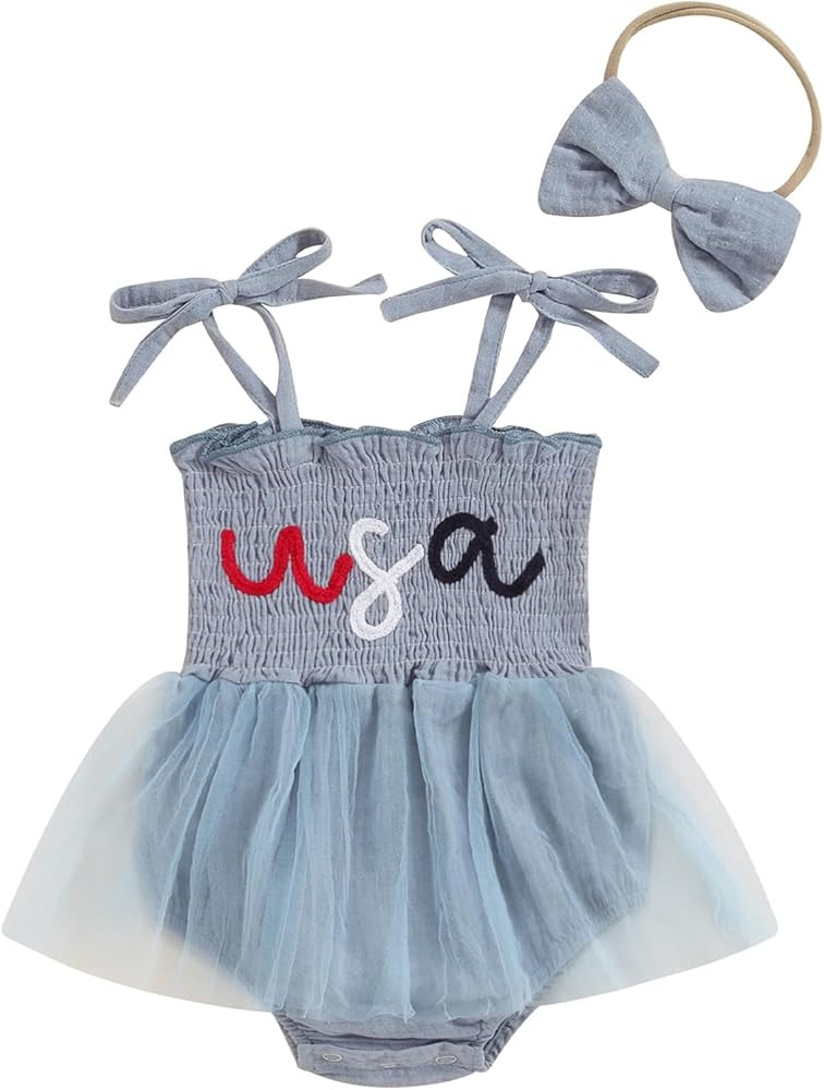 YINGISFITM My First Fourth of July Baby Girl Outfit Newborn Sleeveless Romper Smocked Tutu Dress ... | Amazon (US)