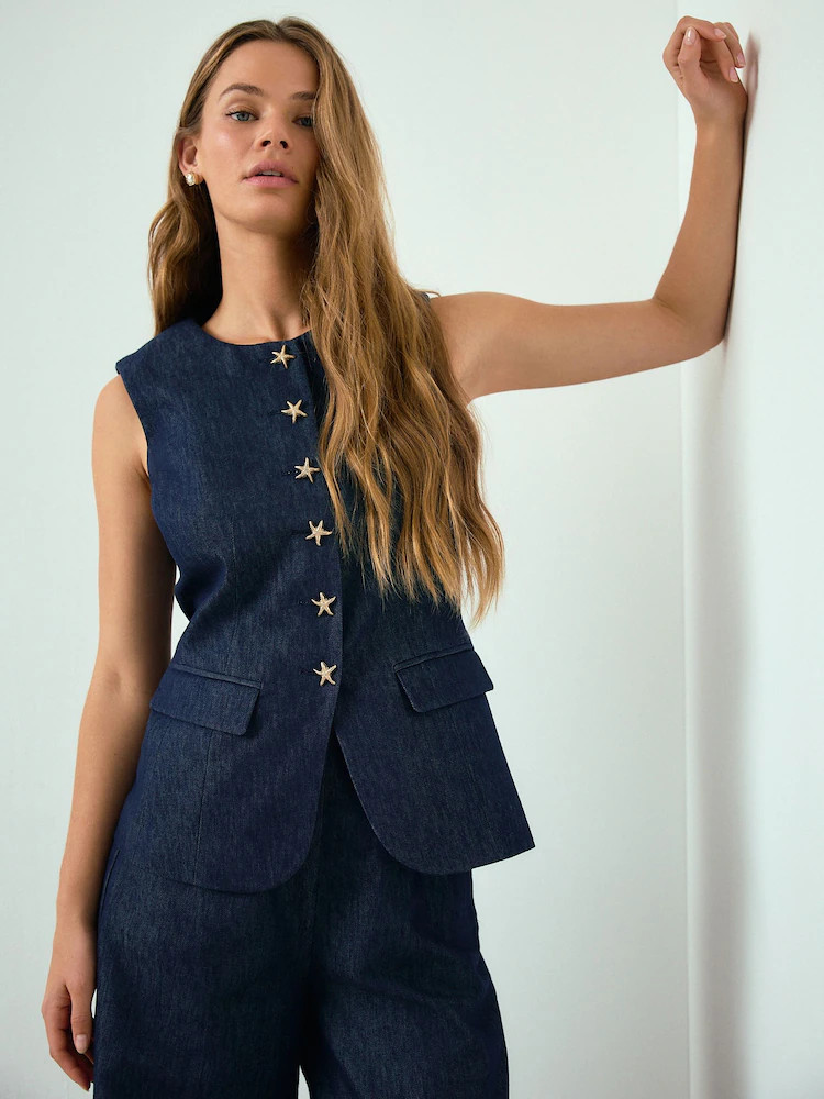 Indigo Blue Denim Look Starfish Detail Waistcoat with Linen | Next EU