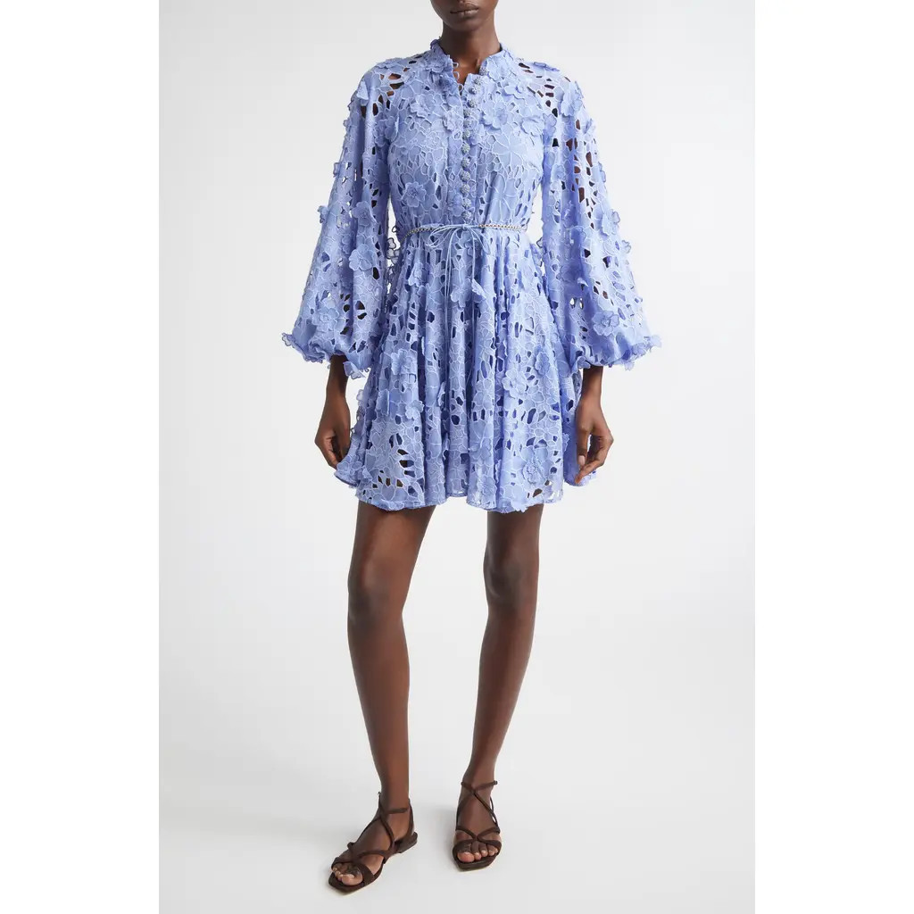 Zimmermann Patience Embroidered Long Sleeve Eyelet Minidress in Jacaranda at Nordstrom, Size 0P | Nordstrom
