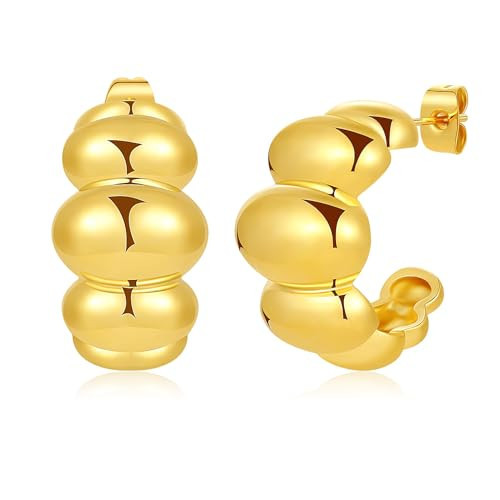 8YEARS Chunky Gold Hoop Earring for Women, 18K Gold Plated Lightweight Thick Gold Hoops Earrings, Hypoallergenic Gold Hoops Trendy Jewelry for Gift (Beaded C-Hoops) | Amazon (US)