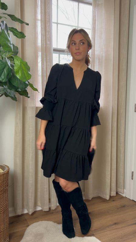 The MOST FLATTERING winter LBD can be worn so many ways! The best parts: 

• high quality crepe fabric
• smocked sleeves that can transform any look
• a flattering (and not too low cut) v neck 

Size tip - I probably could have sized down, so if you’re in between sizes I’d go down. This dress is very flattering, loose, and swingy!

#tuckernucking #winteroutfitidea #lbd #winterdress #blackdress

#LTKworkwear #LTKstyletip #LTKmidsize