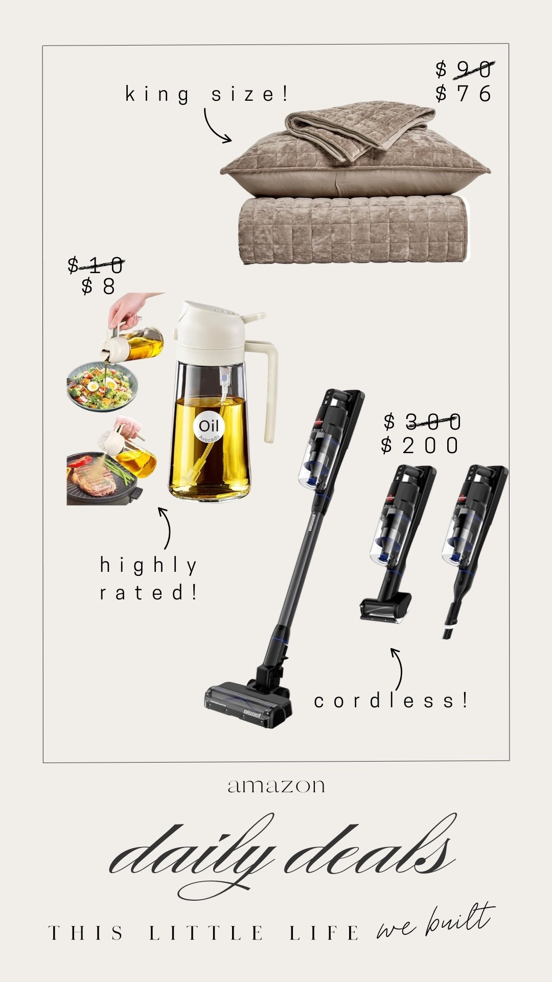 Amazon daily deals! 


Oil dispenser, cordless vacuum, quilt 

#LTKHome #LTKSaleAlert #LTKU
