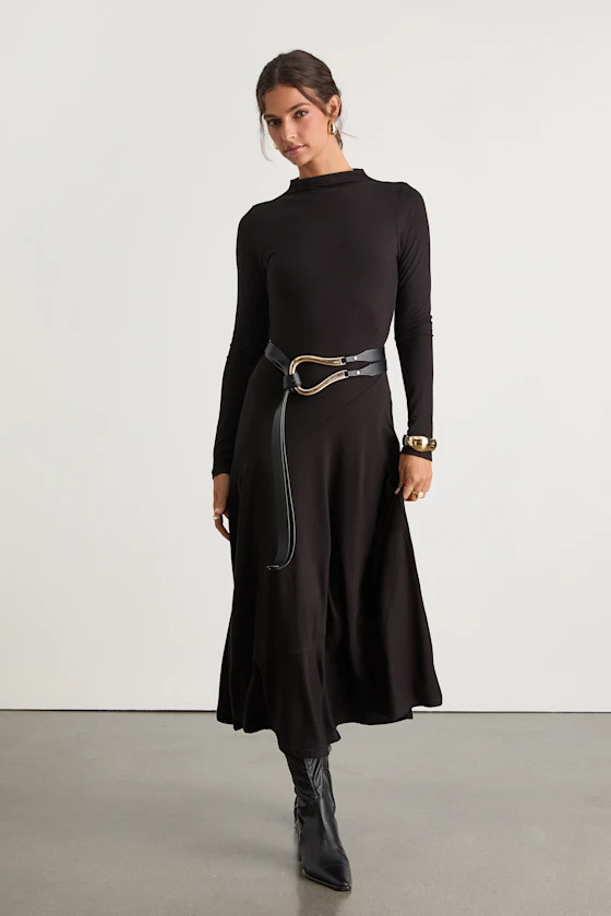 Corinne Black Jersey Knit Mock Neck Midi Dress | Lulus
