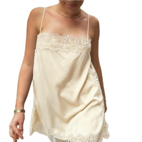 Women Lace Trim Satin Cami Top Y2k Sexy Spaghetti Strap Silky Slip Going Out Tops Champagne L | Amazon (US)