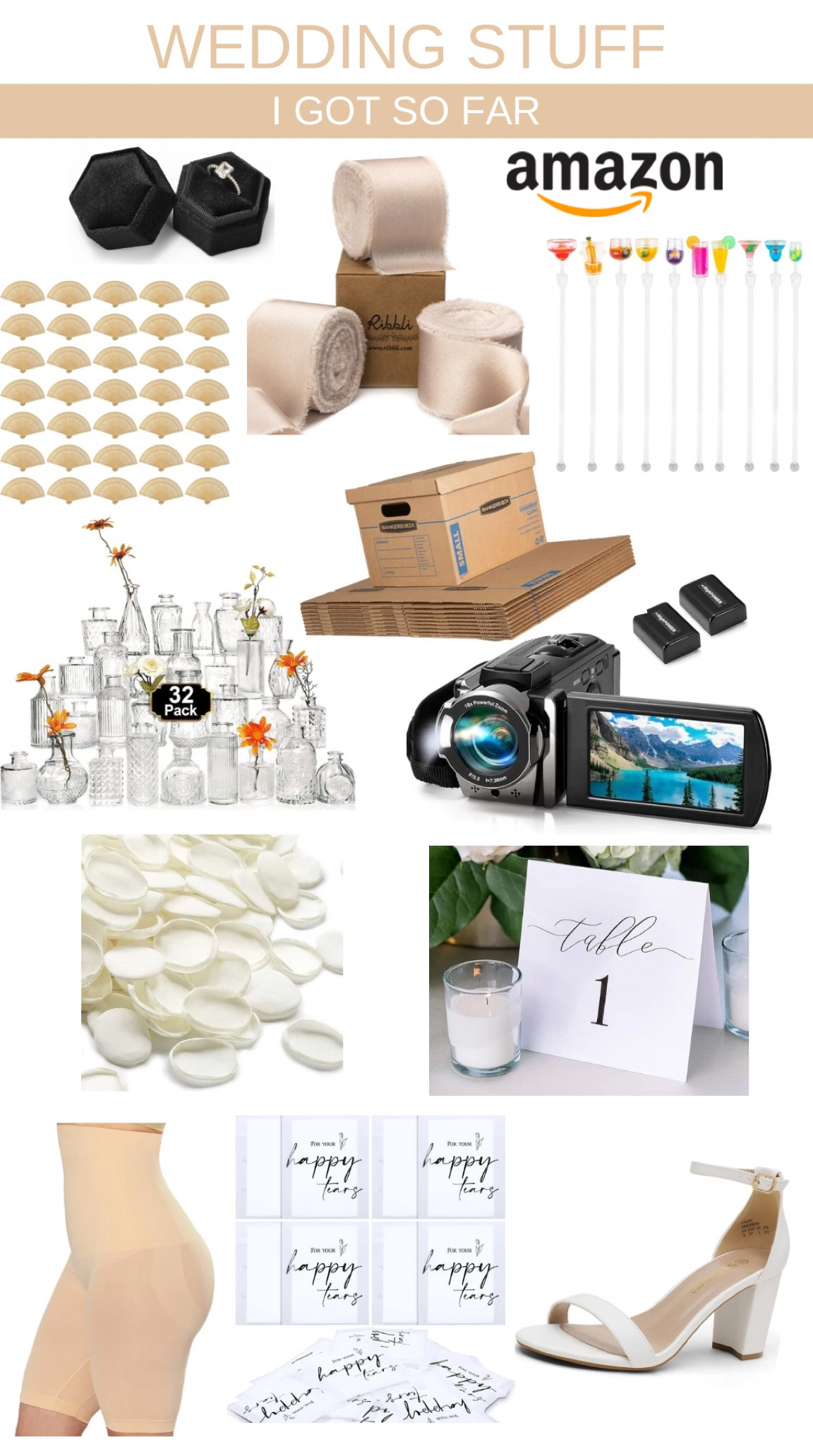 Wedding stuff I got so far all from Amazon!! Fans for ceremony, drink stirrers for getting ready, ribbon for detail photos, mini clear bud vases, video camera, boxes for storage, rose petals, table numbers, white heels, spandex. Bride 

#LTKShoeCrush #LTKWedding #LTKTravel