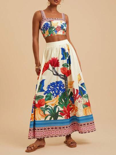Travachic 2pcs Women's Woven Print Cropped Camisole & High Waist Loose Maxi Skirt Set,Spring&Summer,Summer Outfits For Women,Beach Outfits For Woman,Western Wear Women,Spring Break,Concert Outfit Women,Boho,Rave Outfits,Tropical Vacation, Festival,Romantic Summer Dresses For Women Boho Dresses For Women Tropical Dresses For Women Women Dresses Vacation,Tropical Outfit | SHEIN