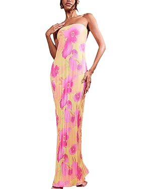 Women Pleated Strapless Long Dresses Cutout Backless Maxi Dress Plisse Off Shoulder Bodycon Tube ... | Amazon (US)