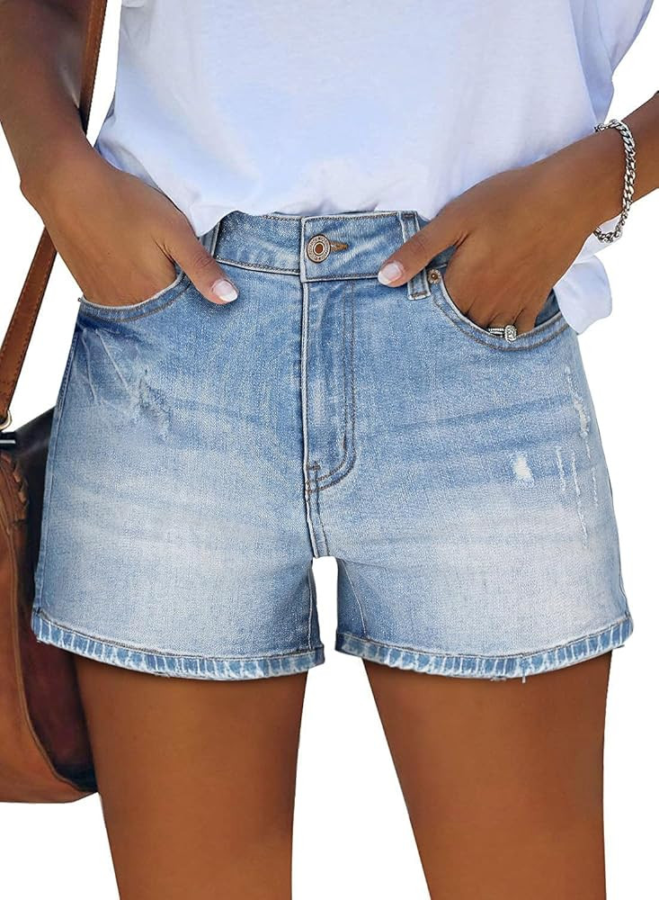 ZOLUCKY Women's Casual Summer Denim Shorts Mid Waisted Stretchy Ripped Jean Shorts with Pockets | Amazon (US)
